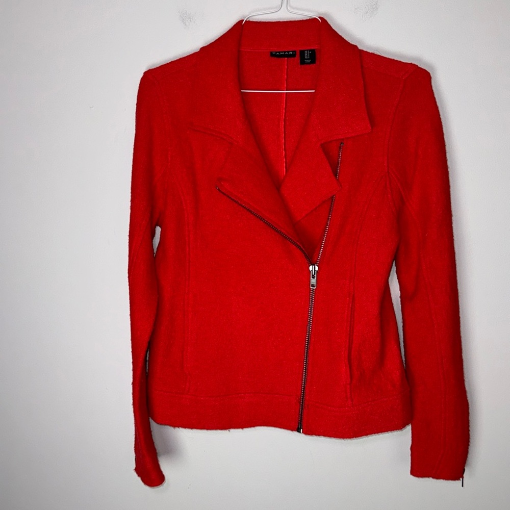 Tahari Red Small Boiled Wool Moto Jacket